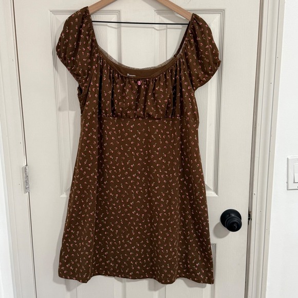 No Boundaries Mini Dress XXL Brown Pink Floral Rosette Cottage Fairy Babydoll - Picture 2 of 12